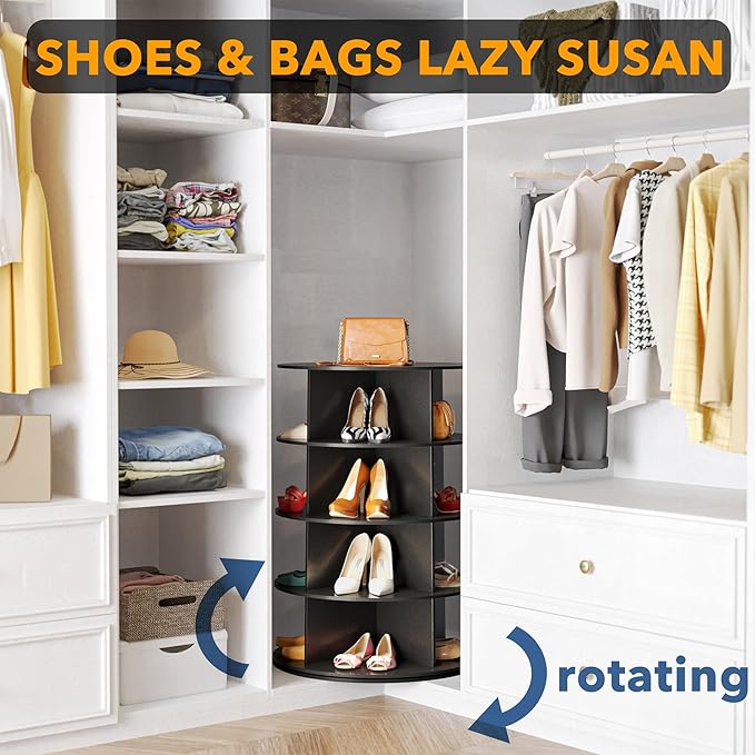 SpaceAid 4 Tier Rotating Shoe Rack Tower, Spinning Shoe Display Lazy Susan, Revolving 360 Shoe Rack Storage Round Carousel, V