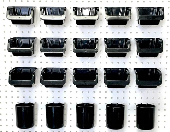 WallPeg Pegboard Bins & Cups - 15 each 5" Bins and 5 each 5" Cups - Hooks to Peg Board Panel Organize Hardware Arrange Access