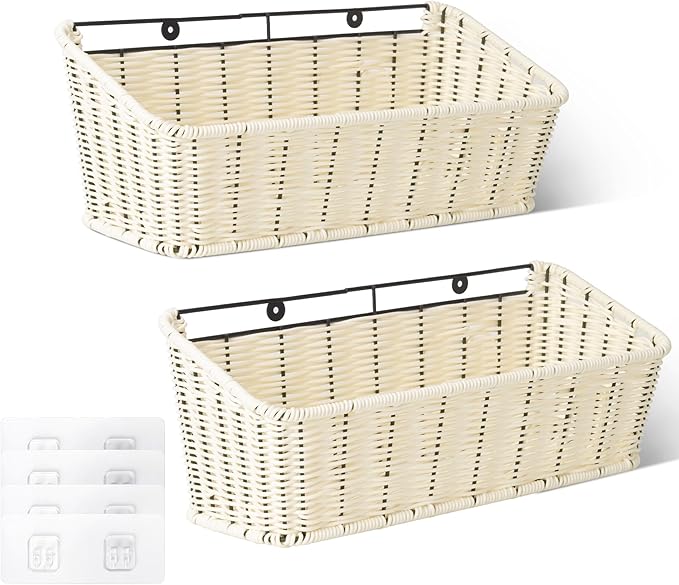 GRANNY SAYS Wicker Hanging Basket, 2 Pack Storage Baskets for Organizing, Adhesive Wall Mount Fruit Basket, Kitchen Organizat