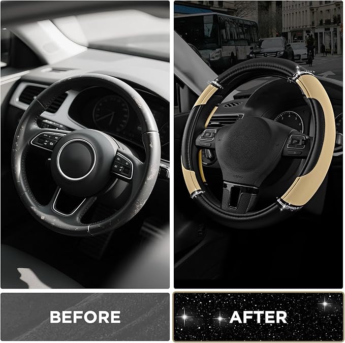 Road Comforts Leather Steering Wheel Cover - Made with PVC Leather - Anti-Slip, Universal Fit 14 1/2 inches to 15 inches - Be