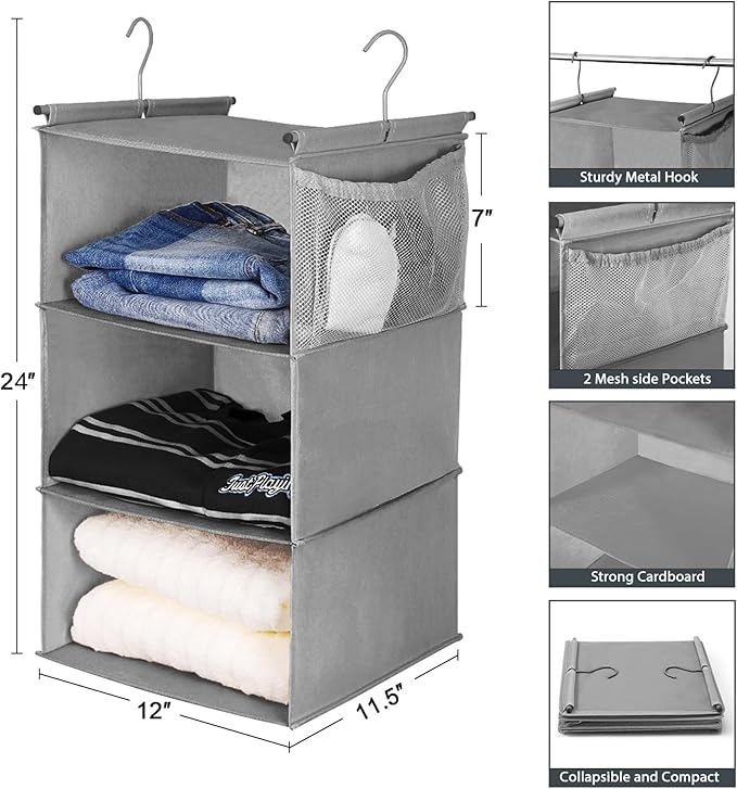 MAX Houser 3 Tier Shelf Hanging Closet Organizer, Closet Hanging Shelf with 2 Sturdy Hooks for Storage, 2 Pack, Foldable (Gre