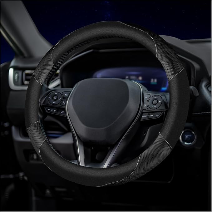 Soft Leather Steering Wheel Cover with Breathable Design and Anti-Slip Grip, Fully Compatible with Tesla, Toyota, Honda, Niss
