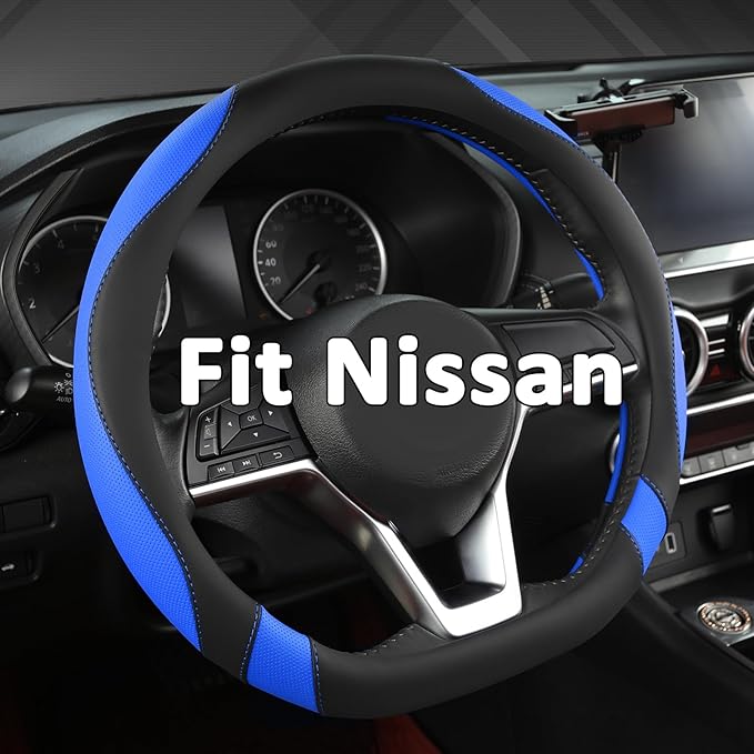 West Llama Flat Bottom Car Steering Wheel Cover for Nissan,D Shaped Steering Wheel Cover for Rogue,Altima,Kicks (Black+Blue-S