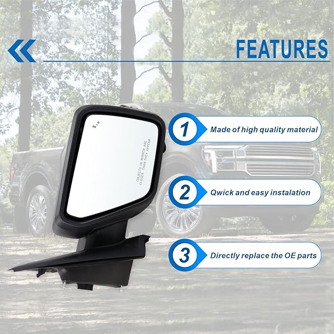 Right Passenger Side Mirror Fits 2021-2026 Ford F150 With Power Folding Heated Blind Spot Turn Signal Puddle Light Temperature Sensor Memory Camera Matte Black Replace#ML3Z17682FF5YGY(18+1Pins)