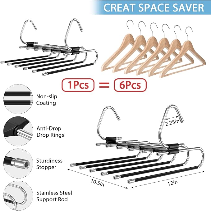 Upgrade 6 Layers Pants Hangers Space Saving, 2 Pack Stainless Steel Multifunctional Rack Non Slip S-Type Pant Closet Organize
