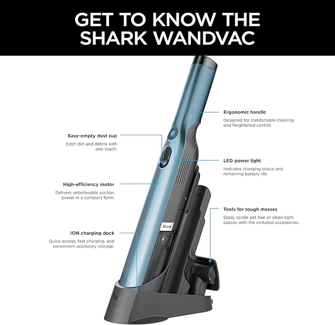 Shark WV201BLBRN WANDVAC Cordless Hand Vac, Lightweight and Portable at 1.4 lbs. with Powerful Suction, Charging Dock, One-To