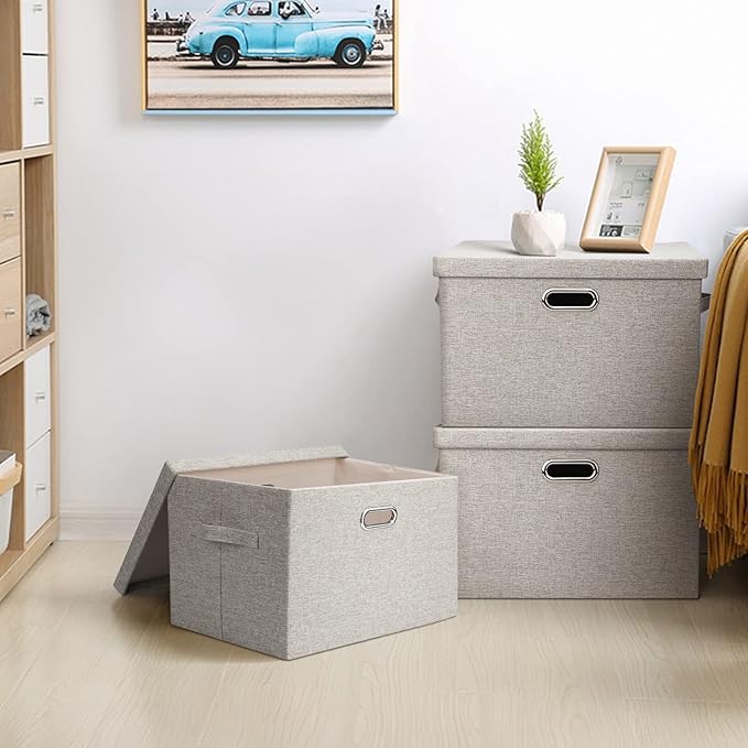 Graciadeco Large 17" 36 Quart Collapsible Stackable Storage Bins with Lids, 5 Packs Beige Linen Fabric Closet Boxes with Lids