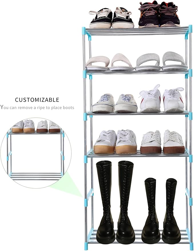 Jucaifu Stackable Small Shoe Rack, Entryway, Hallway and Closet Space Saving Storage and Organization (10-Tier, Blue)