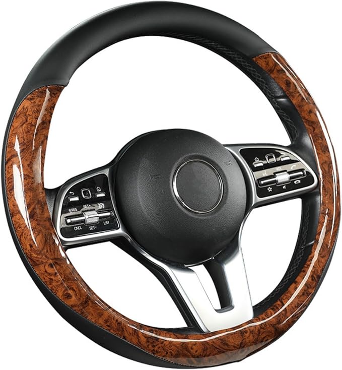 Wood Grain Steering Wheel Cover Microfiber Leather Breathable Anti Slip Universal Protector 14.5-15 inch Car Interior Accesso