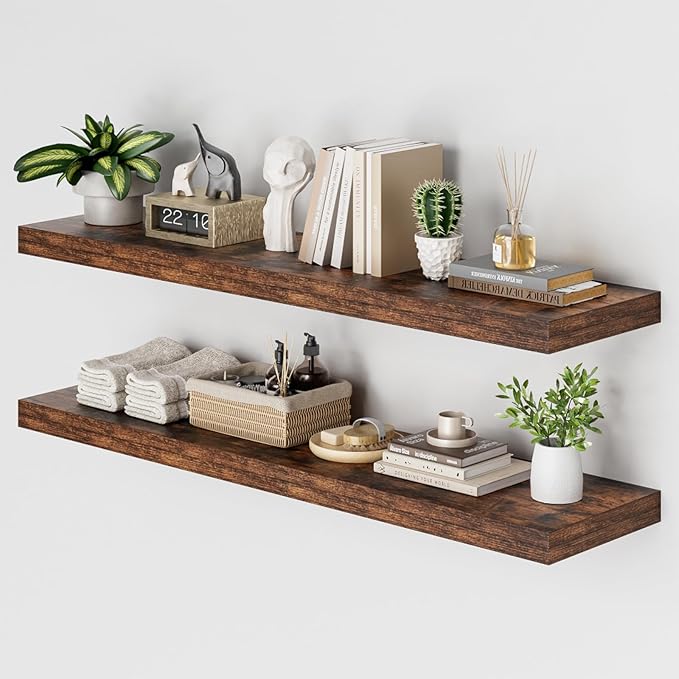 Heimlove 48W x 12D Long Floating Shelf, 12 Inch Deep Floating Shelves for Wall Set of 2, Wood Shelves for Bedroom Living Room