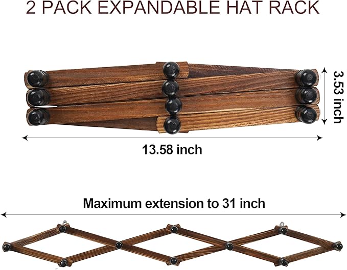 WGFKVAS 2 Pack Accordion Hat Rack for Wall - Expandable Coat Rack & Wall Mounted Hat Holder - Wooden Wall Hanger with 10 Peg 