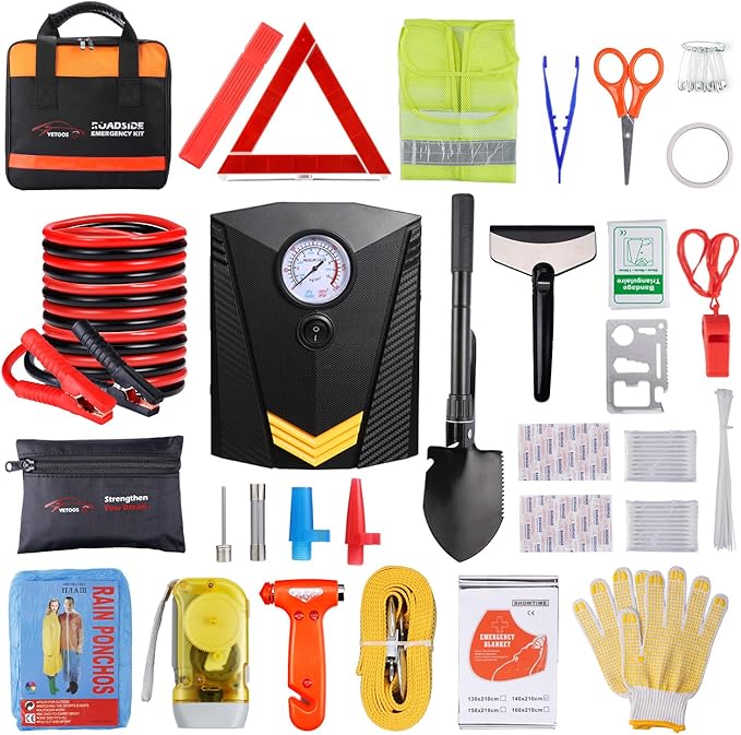 Vetoos Car Roadside Emergency Kit with Jumper Cables, Auto Vehicle Safety Road Side Assistance Kits, Winter Car Kit Essential
