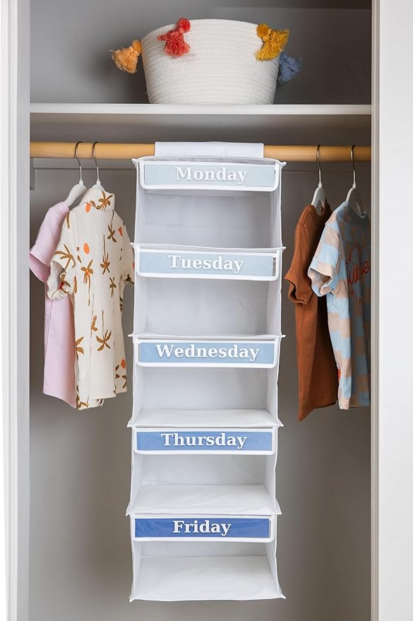 Three Sweet Peas Co Weekly Clothes Organizer for Kids – 5 Shelf Hanging Closet Storage for School Outfits | Monday to Friday 