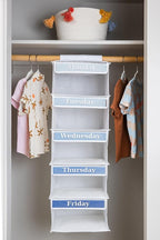 Three Sweet Peas Co Weekly Clothes Organizer for Kids – 5 Shelf Hanging Closet Storage for School Outfits | Monday to Friday 