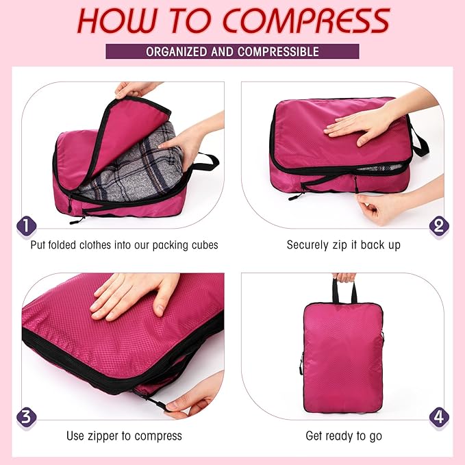 5 Pack Compression Packing Cubes for Travel Space Saving Cubes Luggage Organizer for Suitcase(Purple,M)