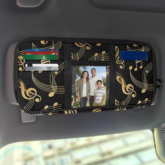 Musical Notes Car Sun Visor Storage Bag, Auto Interior Accessories Pocket Organizer, Multi-Pocket Visor Organizer Storage Pouch Fits Most Vehicles