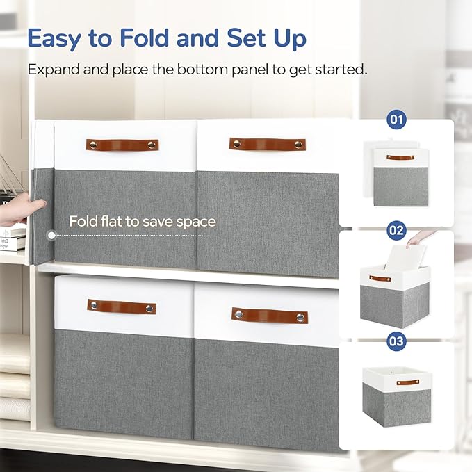 13x13 Storage Cubes 4-Pack, Large Foldable Fabric Cube Storage Bin with Reinforced Bottom and Labels, Organizer Baskets for S