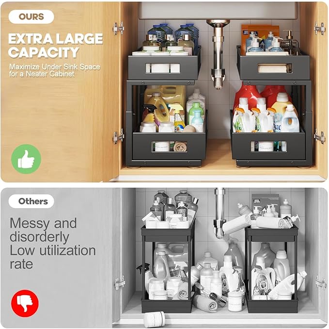 2 Packs 17IN Depth Under Sink Organizer, 2-Tier Pull Out Cabinet Organizer With Smooth Circular Rail, Large Capacity Metal Me