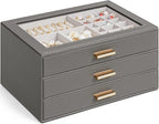 AKOZLIN Jewelry Box with Clear Lid Functional Leather Jewelry Storage Organizer Case 3 Drawers for Women Girls Necklace Ring 