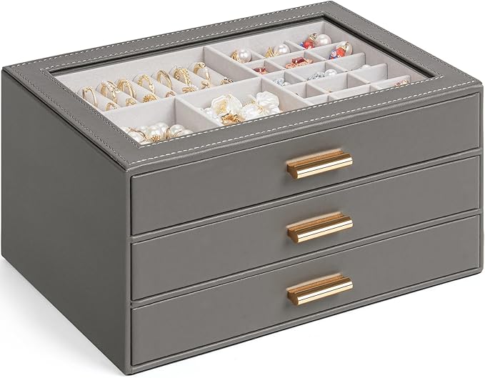 AKOZLIN Jewelry Box with Clear Lid Functional Leather Jewelry Storage Organizer Case 3 Drawers for Women Girls Necklace Ring 