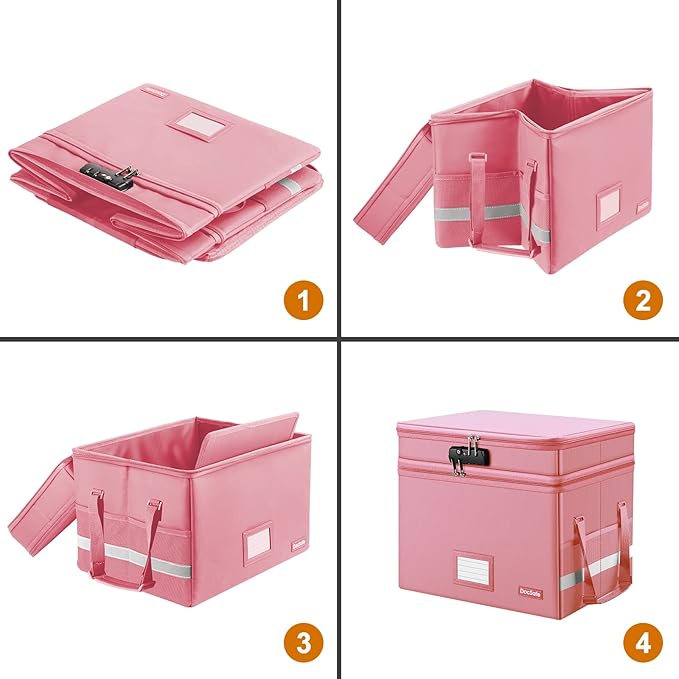 DocSafe File Box with Lock,Multi-Layer Fireproof Document Box Collapsible File Storage Organizer with Pockets/Handle,Large Po