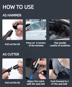 Car Safety Hammer Glass Breaker, Seatbelt Cutter, Under Water Window Breaker, Emergency Escape Tool, Car Accessories, Black