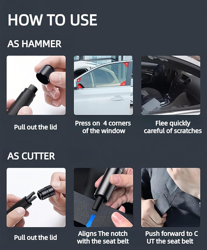 Car Safety Hammer Glass Breaker, Seatbelt Cutter, Under Water Window Breaker, Emergency Escape Tool, Car Accessories, Black