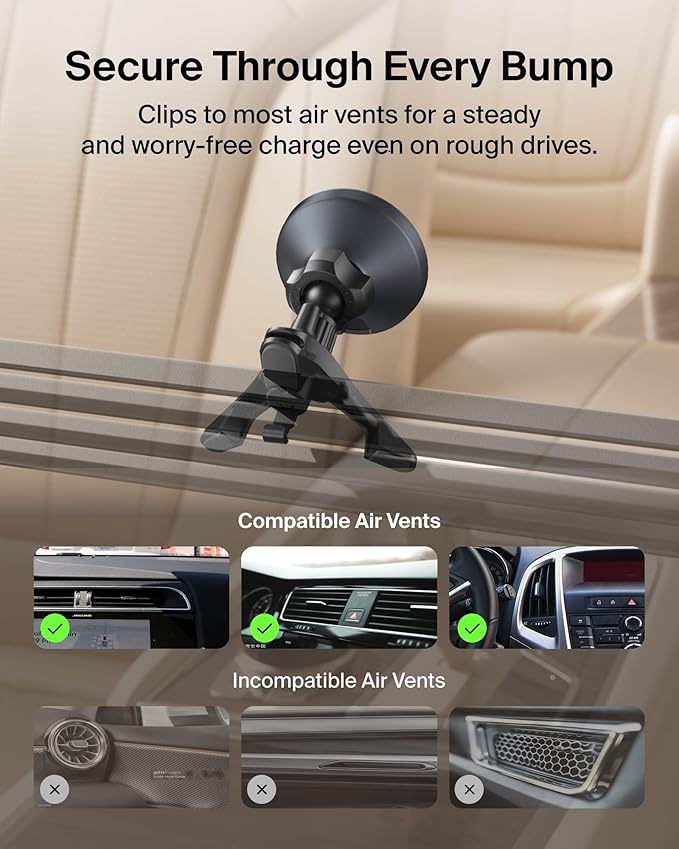 Belkin Wireless Car Charger, Magnetic Car Vent Mount w/ 3.3ft USB C Cable, Qi2 MagSafe Compatible Fast Charging iPhone Charger for iPhone 17, Galaxy S26, Pixel 10, & More - Travel Accessories - Black