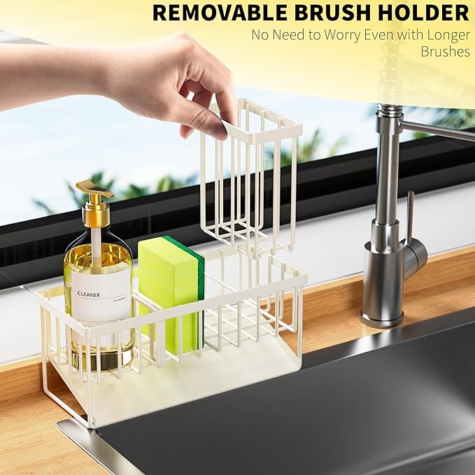 Cisily Off White Sponge Holder for Kitchen Sink, Sink Caddy Organizer with High Brush Holder, Kitchen Countertop Rustproof 30