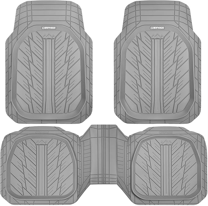 CAR PASS Deep Dish Rubber Floor Mats for Cars Full Set,Heavy Duty Car Mats,Universal Waterproof Trim-to Fit Automotive Floor Mats for Truck Van SUV, Durable All-Weather Car Mats 3-Piece (Light Gray)
