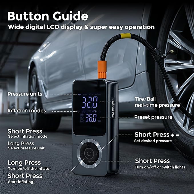 Cordless Tire Inflator Portable Air Compressor, 150PSI with Power Bank Function, Large LED Screen, Auto Shut-Off, 10 FT Car Cord & Type-C Cable for Car Motorcycle Bike Ball