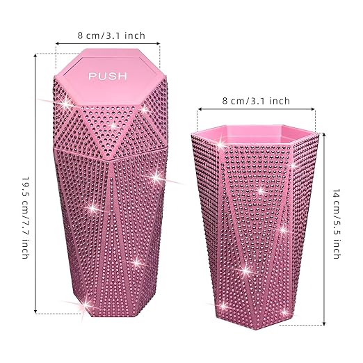 NBTEPEM Bling Car Trash Can with Lid, Bling Car Accessories Trash Bin, Leakproof Auto Garbage Can with 30 Trash Bags, Multipurpose Organizers and Storage for Home, Office (Pink Diamond)