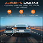Dash Cam, 2.5K Dash Cam Front, VEEMENT Dash Camera for Cars, 1440P Car Dash Camera with APP, WiFi Dash Cams with WDR Night Vi