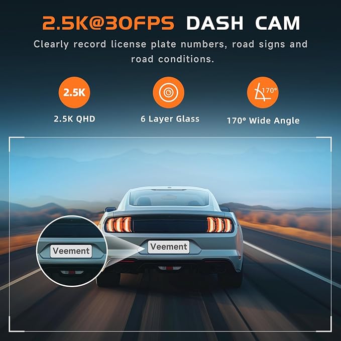 Dash Cam, 2.5K Dash Cam Front, VEEMENT Dash Camera for Cars, 1440P Car Dash Camera with APP, WiFi Dash Cams with WDR Night Vi