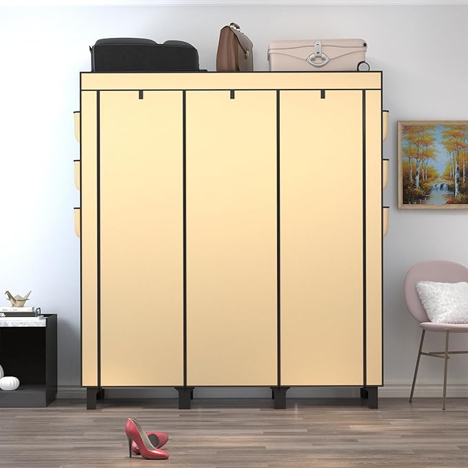 Portable Wardrobe with 10 Storage Racks and 2 Hanging Poles 6 Side Pockets Fleece Cover, Size 130 x 45 x 172 cm, Bedroom Clos