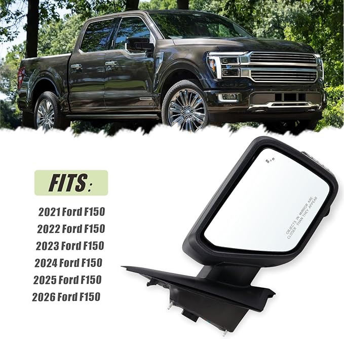 Right Passenger Side Mirror Fits 2021-2026 Ford F150 With Power Folding Heated Blind Spot Turn Signal Puddle Light Temperature Sensor Memory Camera Matte Black Replace#ML3Z17682FF5YGY(18+1Pins)
