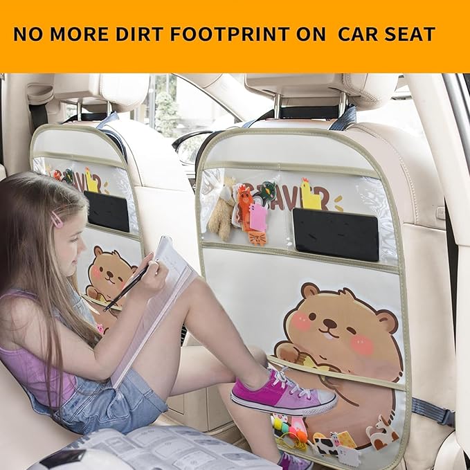 kids Leather Car Backseat Organizer with Foldable Table Tray, Car Storage Organizer with Tablet Holder, Car Seat Back Protectors Kick Mats, Travel Accessories (Beaver)