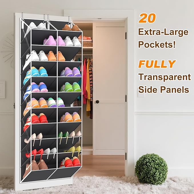 UVIAHOMI 20-30 Pairs Over the Door Shoe Organizer, Clear Pockets Hanging Shoe Storage for Closet, 10-Tier Door Shoes Rack, Ha