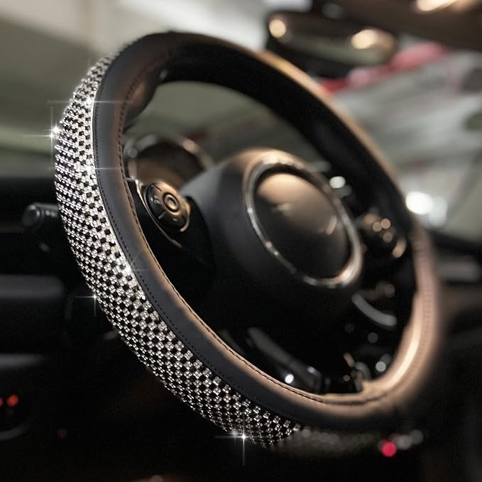 PINCTROT Large Size Bling Comfy Steering Wheel Cover with Jumbo Crystal Rhinestones, Anti-Slip Diamond Leather, 15.5-15.75 Inch (Black)