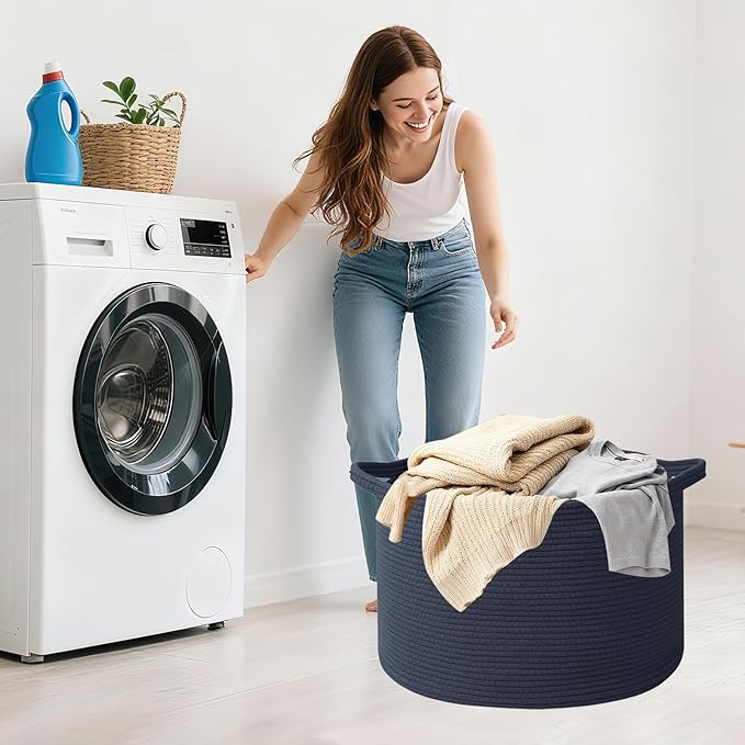 65L Extra Large Woven Cotton Rope Blanket Basket with Handles, Laundry Hamper Storage Bin for Pillows, Comforters,Clothes, To