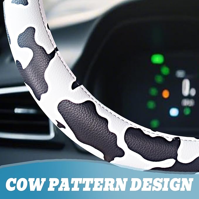 Universal Steering Wheel Cover Women 14.5-15 inch car Accessories Cow Print Western Leather Anime Black and White Cute Wheel 