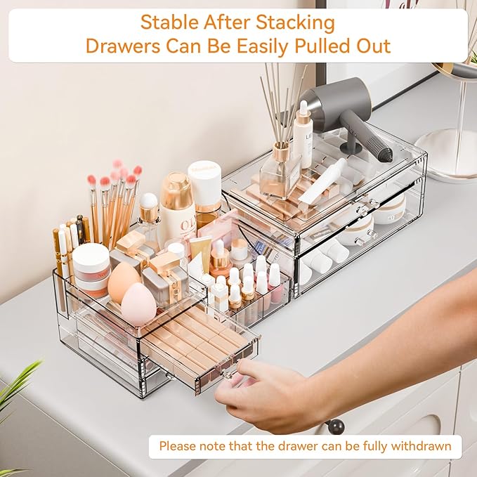 Yieach 2 Pack Clear Makeup Organizer Countertop for Dresser,Vanity and Bathroom Counter Organizer,Tiered Stackable Makeup Acr