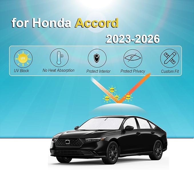 KMF 8pcs Thicken Sun Shades for Honda Accord 2023-2025 2026 Accessories, Full Car Window Covers Sunshade for Windshield Side Rear, UV Block and Privacy Blackout for Car Camping Outdoor