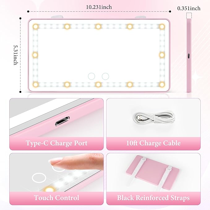 SINGARO 2PCS Car Sun Visor Vanity Mirror - Rechargeable Makeup Mirror with 60 LEDs, 3 Light Modes & Dimmable Touch Control for Cars, Trucks, SUVs, Car Interior Accessories for Women (Pink)