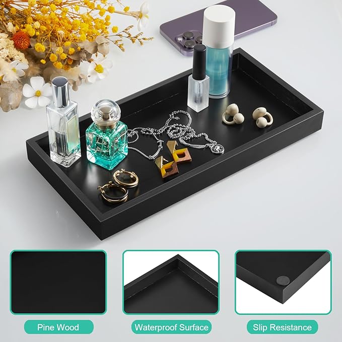 ALELION 13" Bathroom Vanity Tray for Counter - Black Wood Tray for Toilet Tank Makeup Perfume Jewelry Catchall Coffee Table -