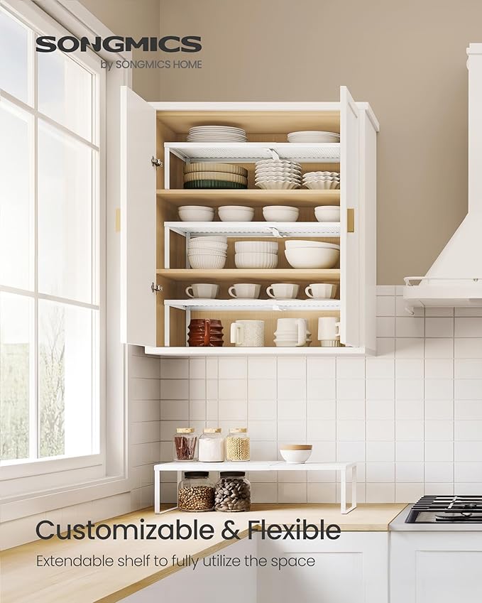 SONGMICS Spice Racks, Set of 4 Expandable Kitchen Countertop Shelves, Small Cupboard Organizers, Metal, Space-Saving Tabletop
