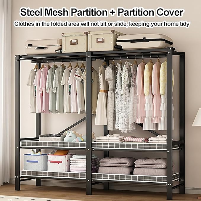 Portable Foldable Wardrobe Closet with Cover, Metal Clothes Rack for Hanging Garments, Stylish Curtain Organizer for Bedroom,