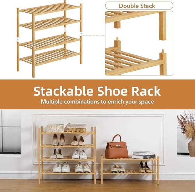 2 Tier Bamboo Shoe Rack Storage Organizer for Closet, Multifunctional Stackable Free Standing Shoe Shelf Organizer for Small 