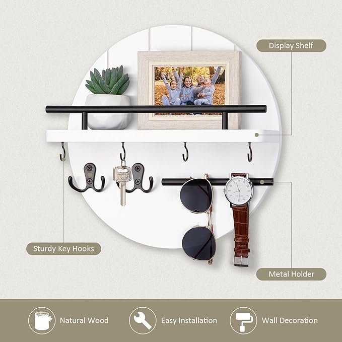 Nekon Rustic Wall Mount Key Organizer, 11.8 Inch Rack with Shelf and 6 Hooks, Circular Wooden Key Hanger for Entryway Hallway