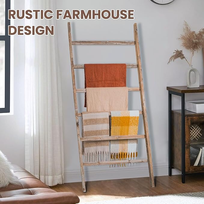 Blanket Ladder Shelf 6.4FT, 38 inch Wide Solid Wooden Blanket Ladder for Living Room, 6-Layer Farmhouse Rustic Towel Rack for